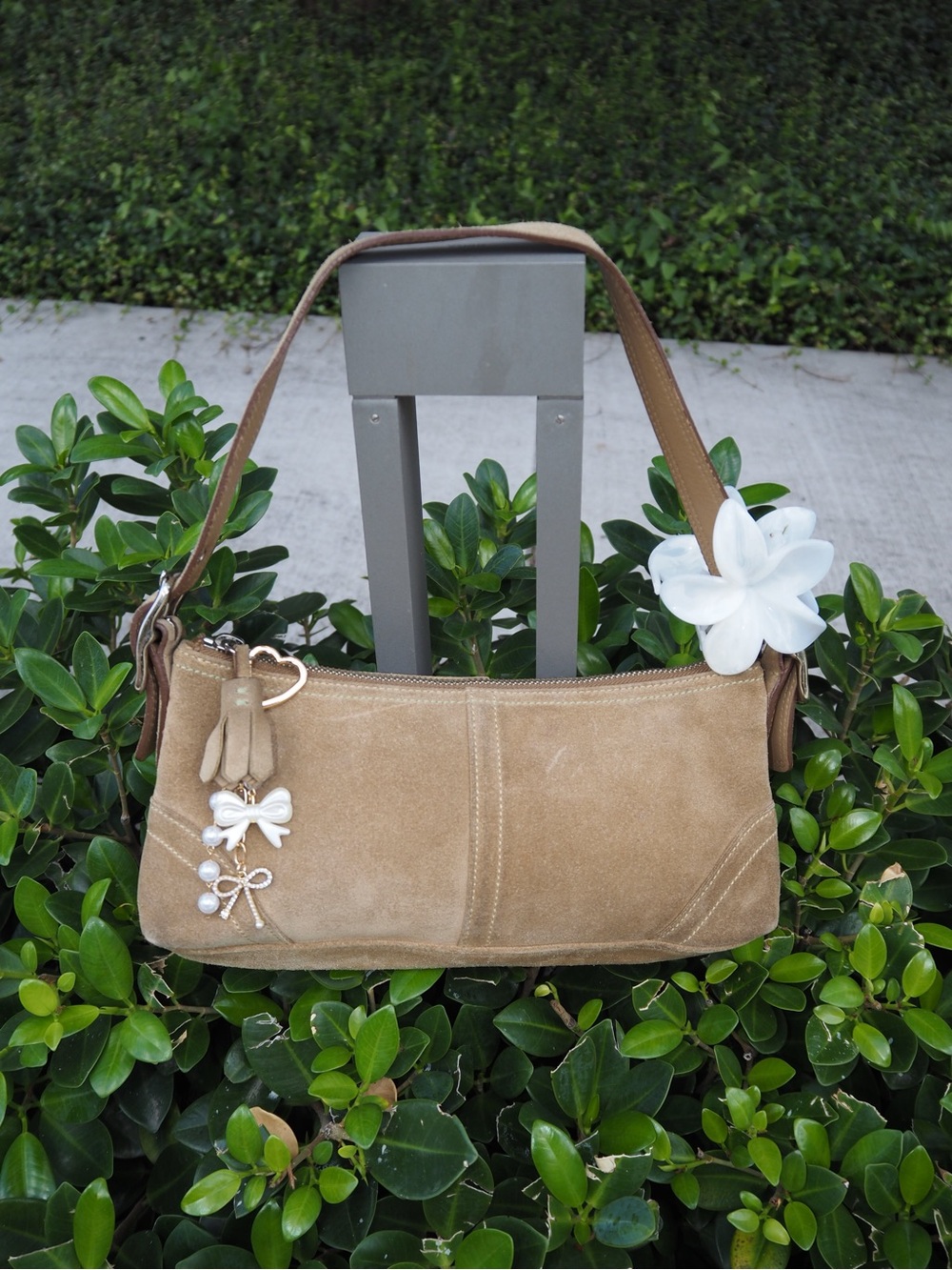 COACH Tan Suede Demi Baguette Shoulder Bag with Accessories